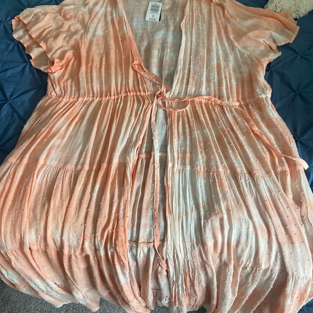 Peach/white Swiss Dot cover up with tie. - Picture 3 of 5